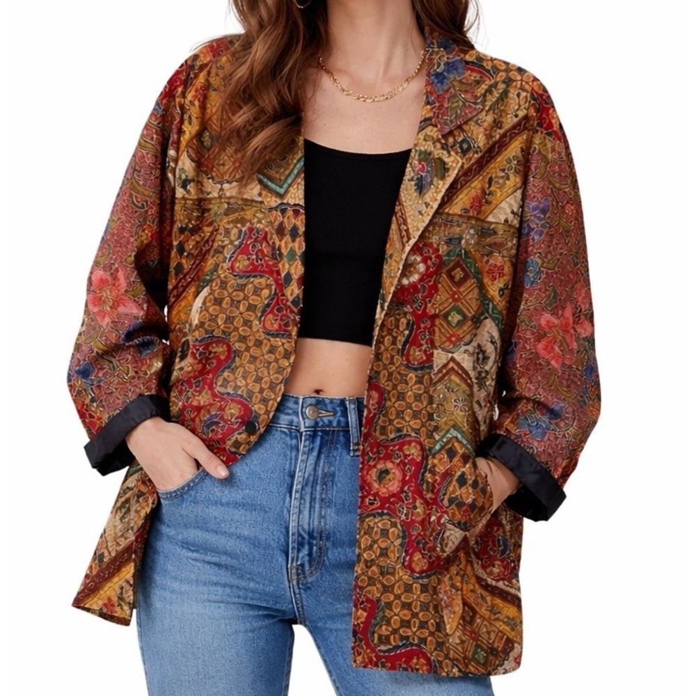 90s OK MIKE Floral Beaded Cotton Jacket Multicolor Fall Boho Style Relaxed OS
